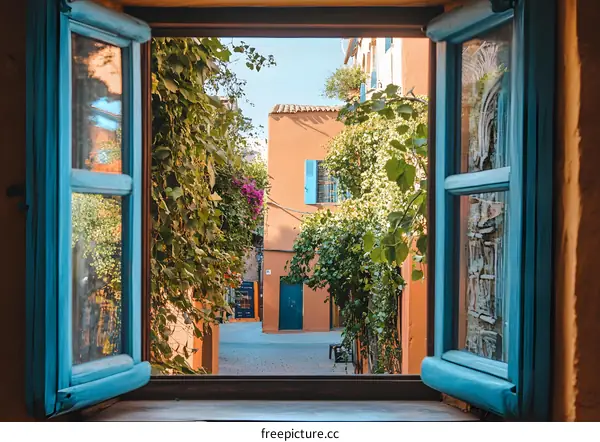 View of a Small Alleyway Through a Window
