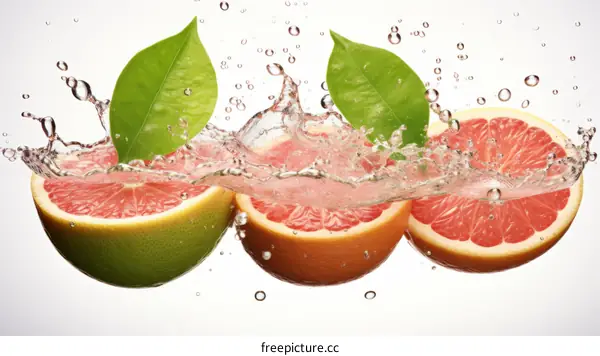 Three halves of a grapefruit with green leaves and water splash
