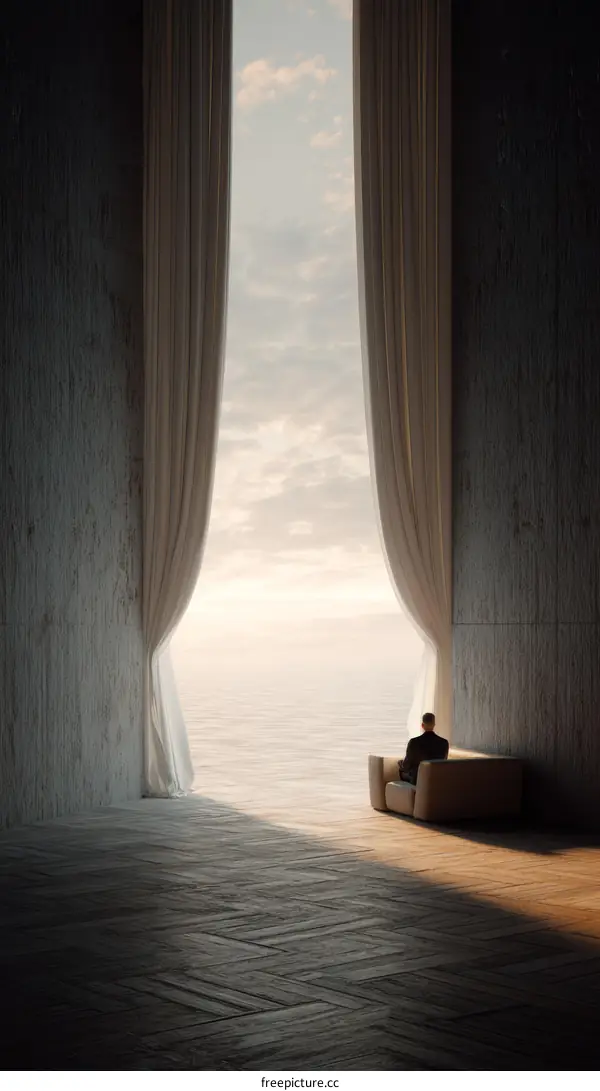 A Man Contemplating the Ocean Through Wide Open Curtains