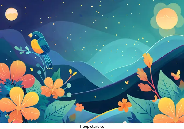 Night Sky Illustration with Bird and Flowers