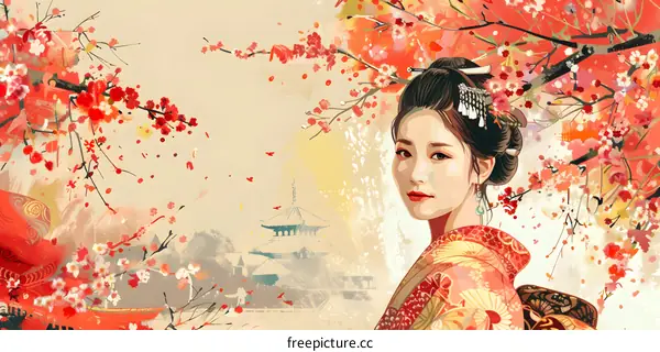 A beautiful Japanese woman in a kimono standing in a field of cherry blossoms.