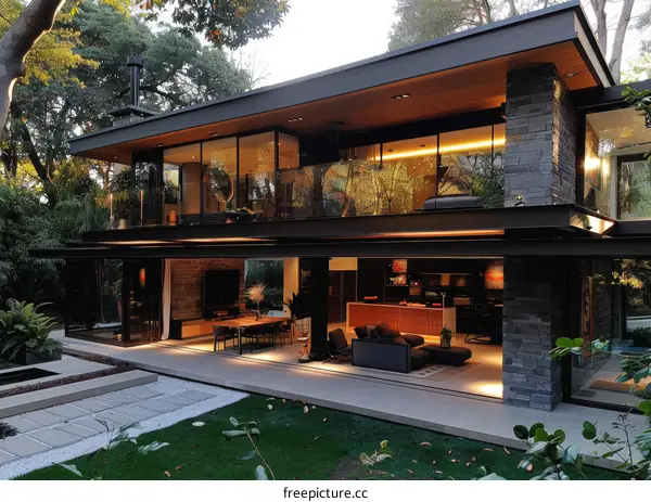 Modern House Exterior Design with Black Exterior and Large Glass Windows