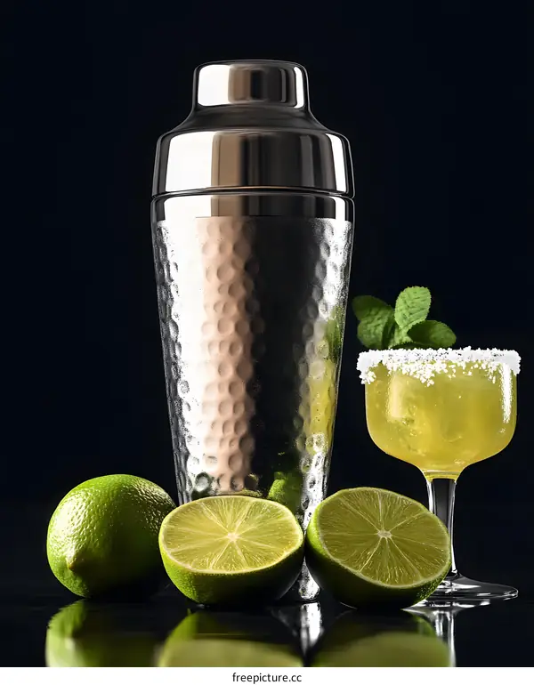 Cocktail Shaker with Limes and a Margarita Glass