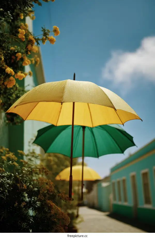 Colorful Umbrellas in a Sunny Alleyway