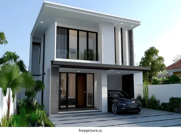 Modern Two Story House Exterior Design with Car