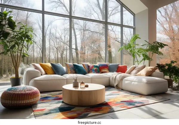 Modern Living Room with Sectional Sofa, Coffee Table, and Plants