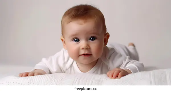 Cute Baby Girl With Blue Eyes Lying On A White Blanket
