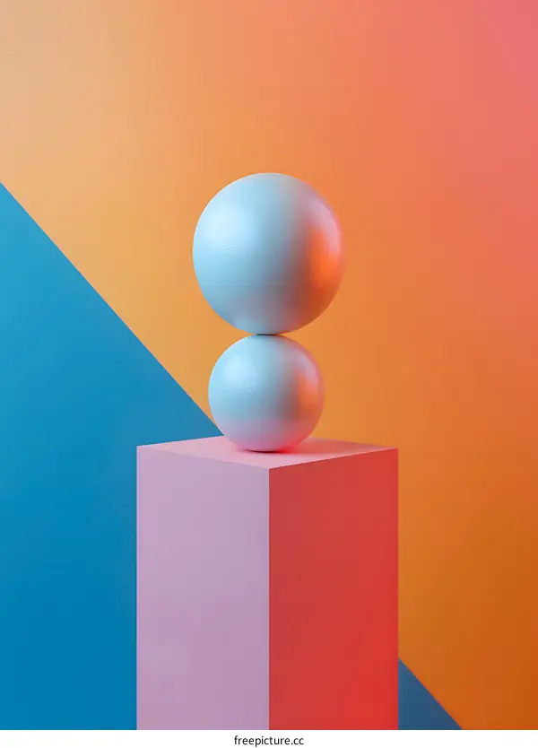 Abstract Minimalist Blue and Orange Sphere on Pink Block