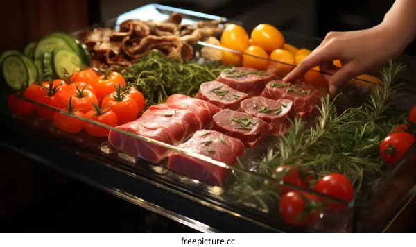 Well marbled steaks and other ingredients for a delicious meal