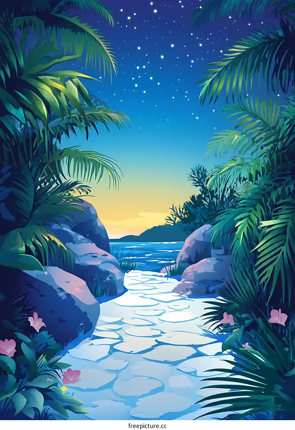 Tropical Night Scene with Palm Trees and Stars