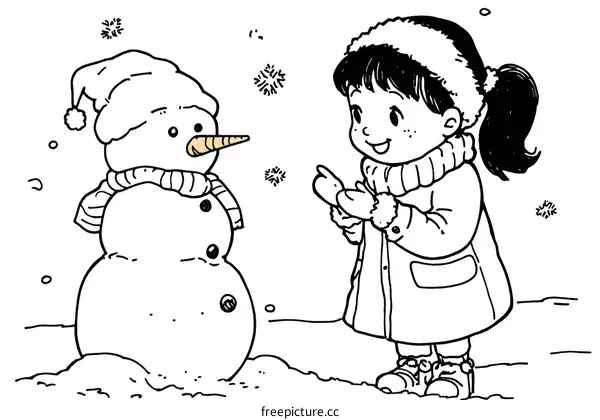 Little Girl and Snowman in Winter