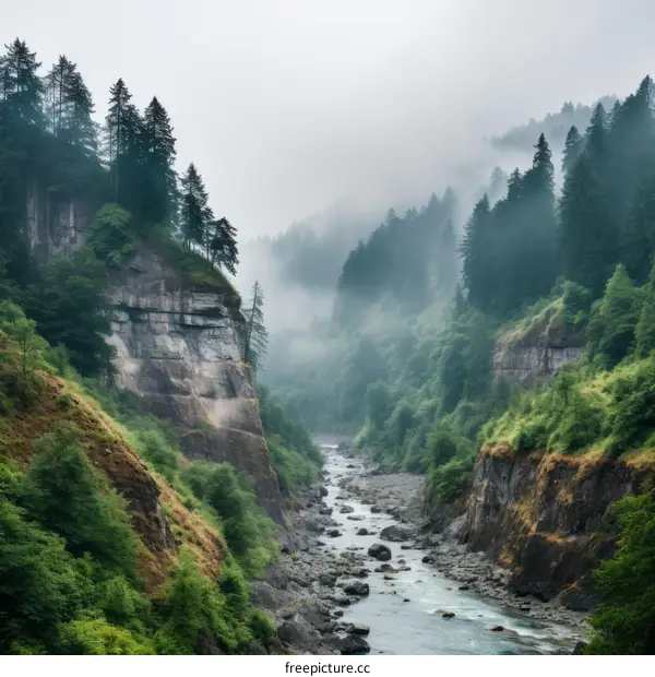 River Cuts Through Misty Canyon in Remote Wilderness