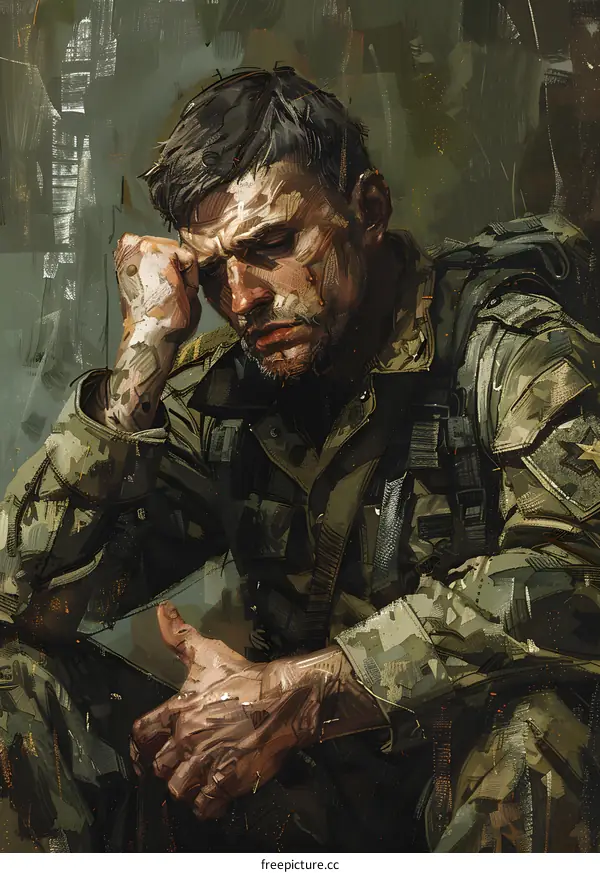 A soldier seems to be thinking about something with his head propped up by his fist