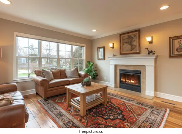 A cozy living room with a fireplace and a sofa