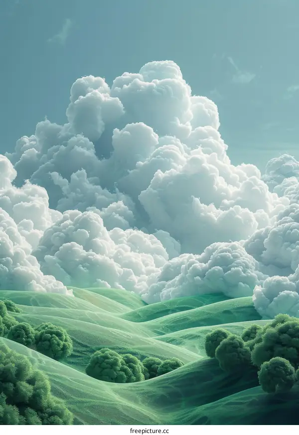 Dreamy Landscape of Rolling Hills and Fluffy Clouds