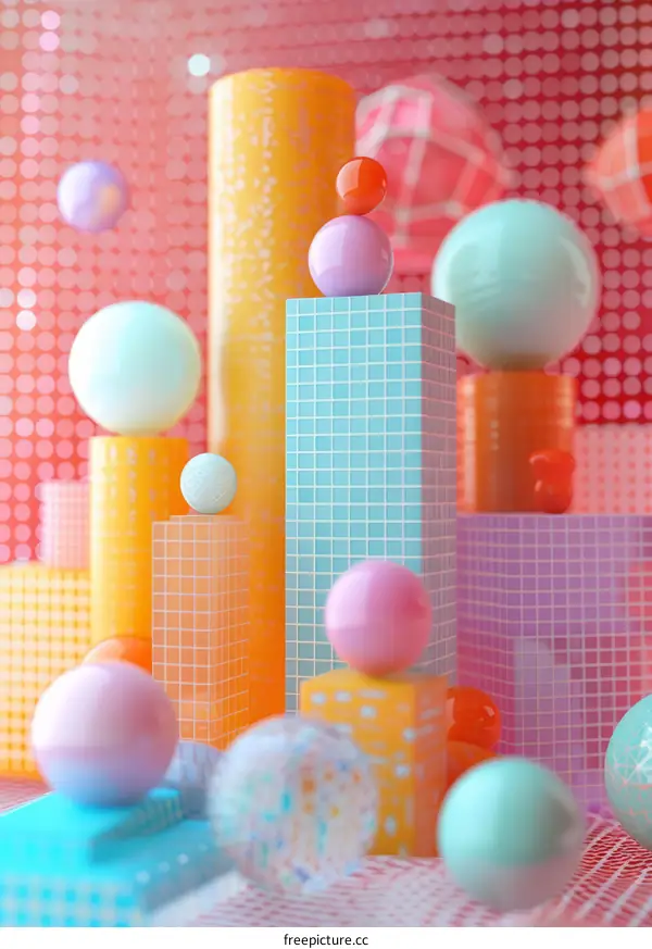 Colorful 3D spheres and cuboids with halftone pink background