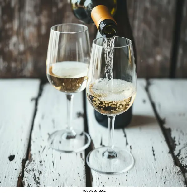 Close-up of pouring white wine into a glass