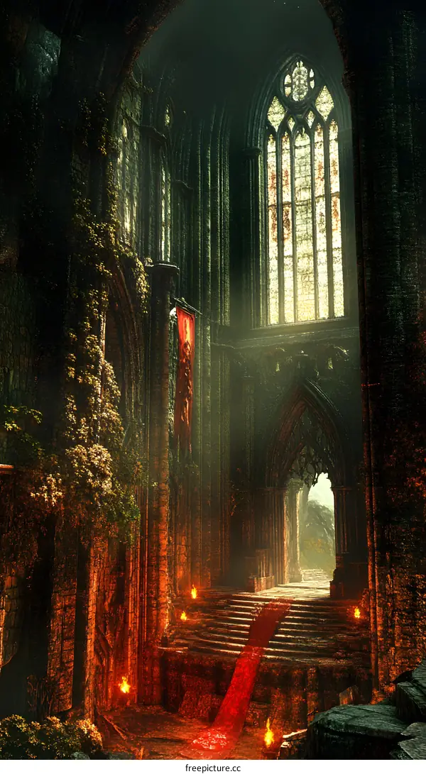 Dark Fantasy Cathedral Interior with Red Liquid and Ivy