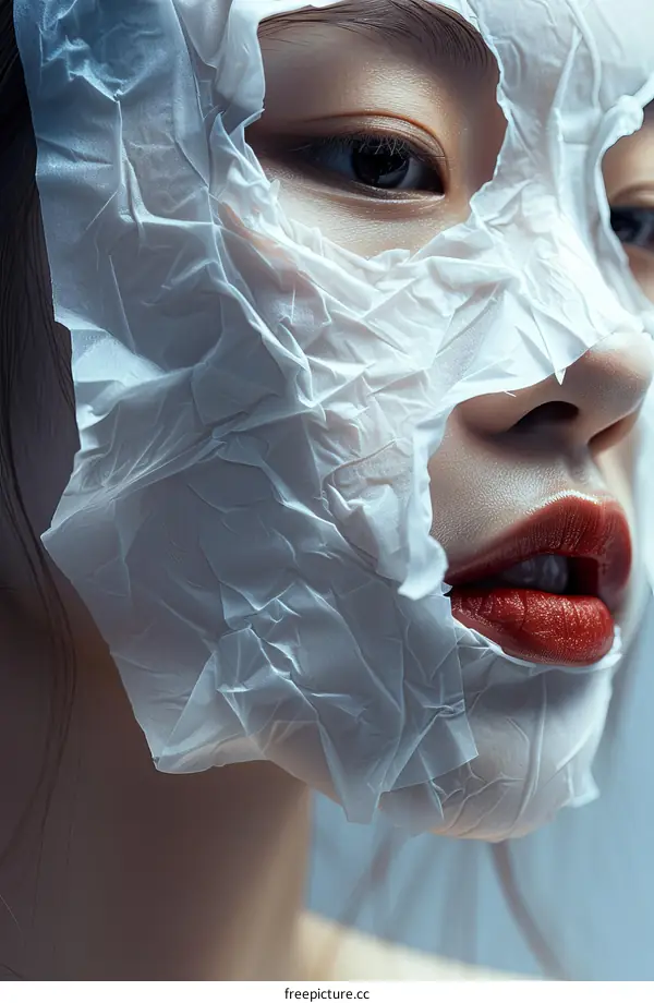 Asian woman with white crumpled paper on her face