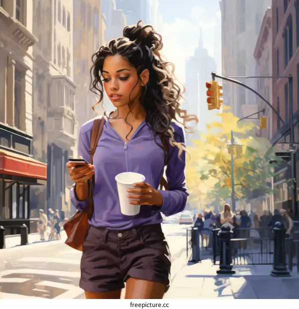 A young woman walking down the street while looking at her phone