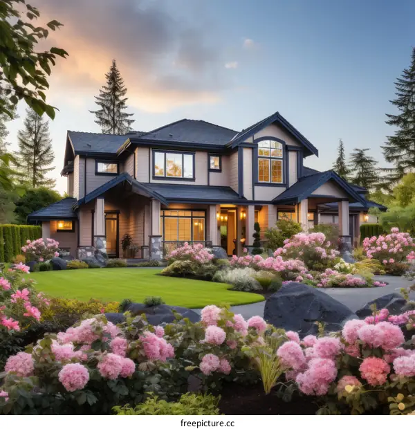 Beautiful Suburban Home with Lush Garden and Pink Hydrangeas