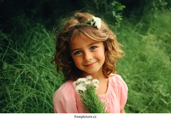 Adorable Little Girl with Flowers in a Summer Field