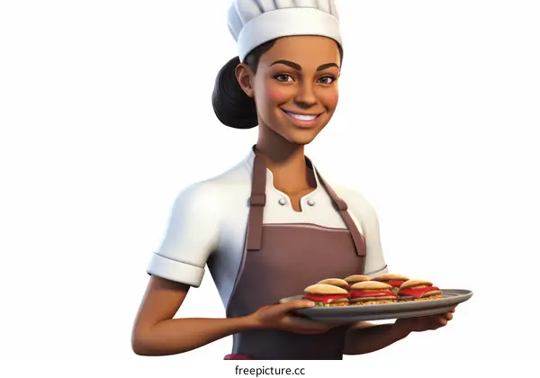 A smiling female chef holding a plate of burgers