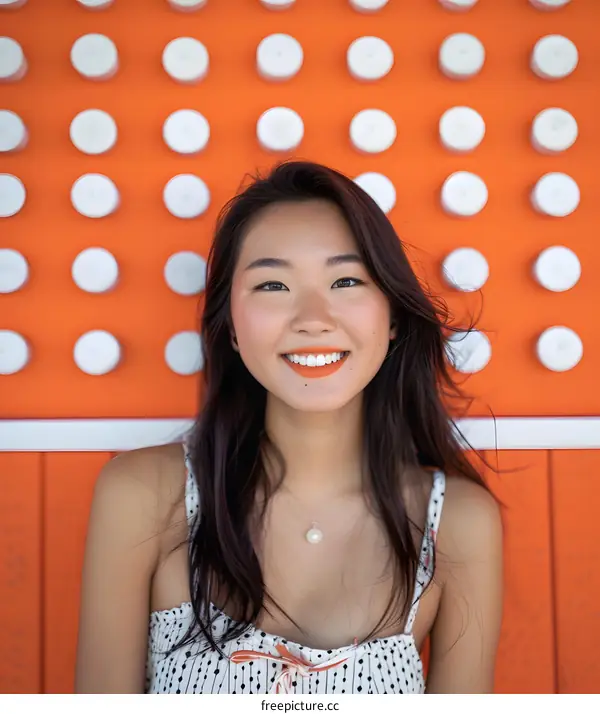 Smiling Woman in Front of Orange and White Wall