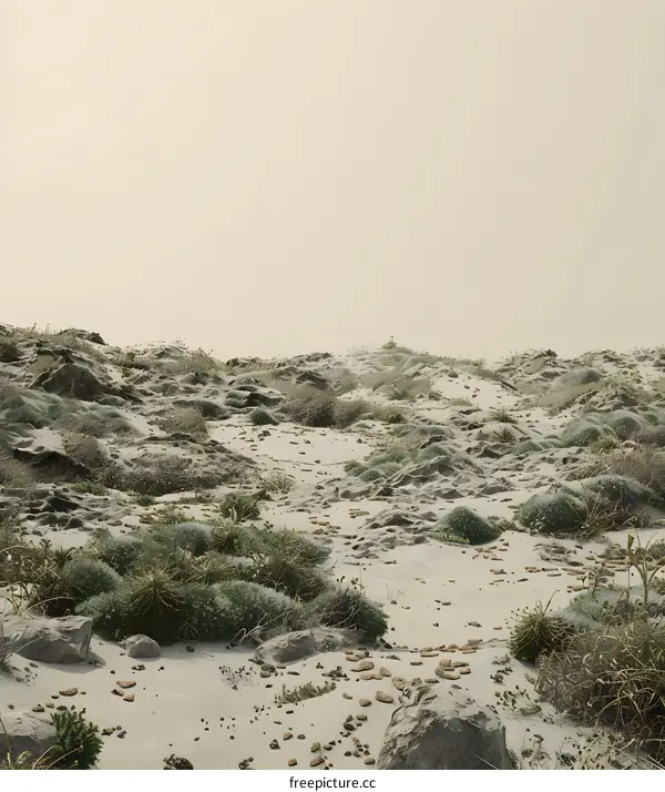 Sandy Landscape with Green Plants and Hazy Sky