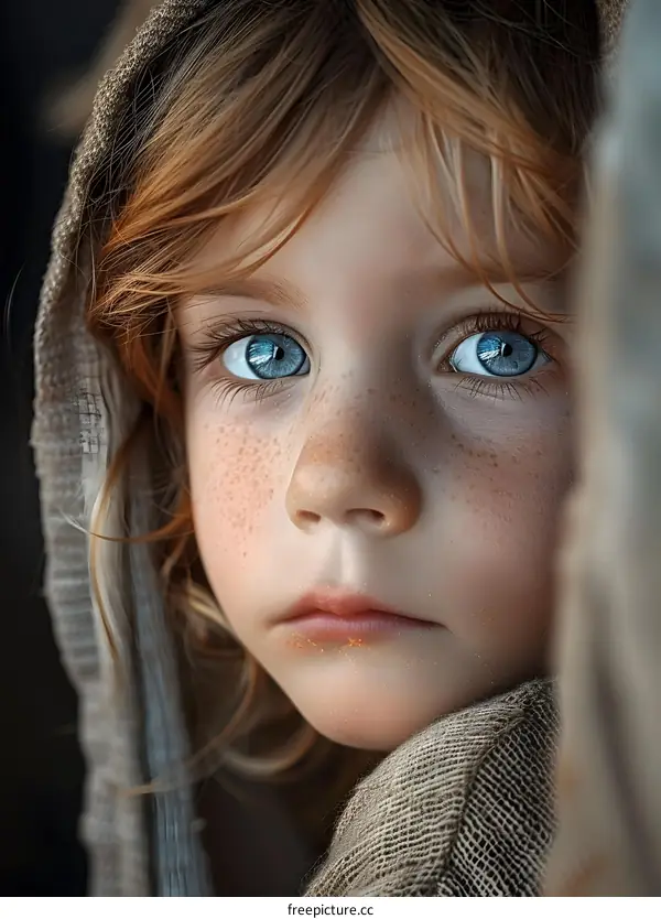 Portrait of a child with blue eyes and freckles