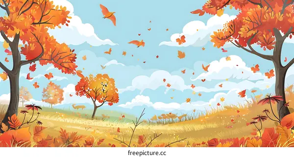 Autumn Landscape with Falling Leaves and Birds