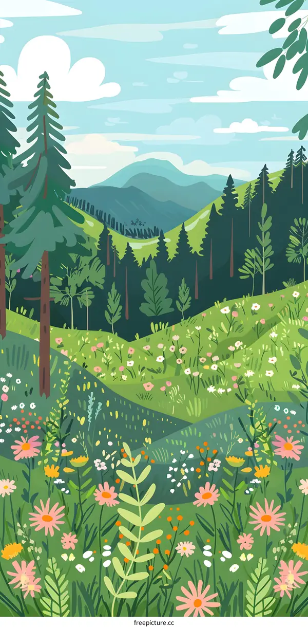 Colorful Wildflowers and Trees Landscape Illustration
