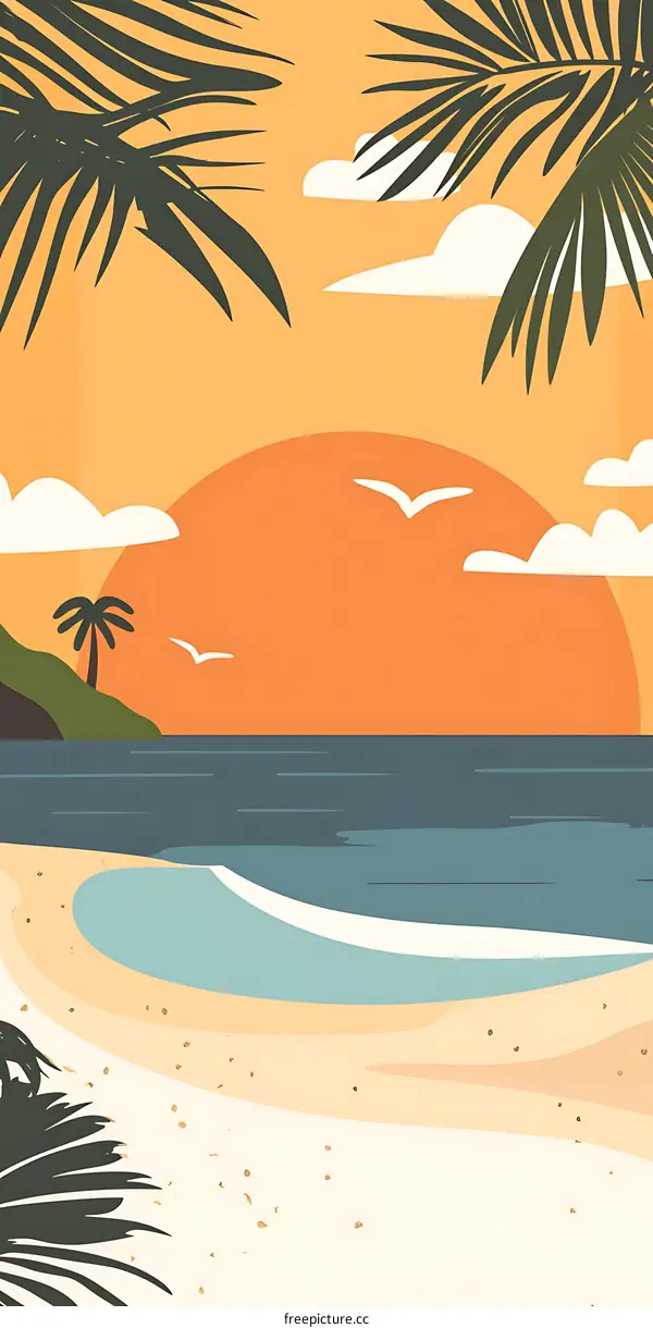 Tropical Sunset Beach Minimalist Illustration