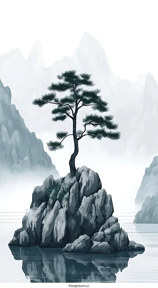 Tranquil Mountain Landscape with Pine Tree on a Rock