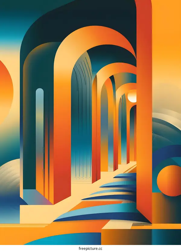 Abstract Architecture with Arched Passageways and Colorful Geometric Shapes