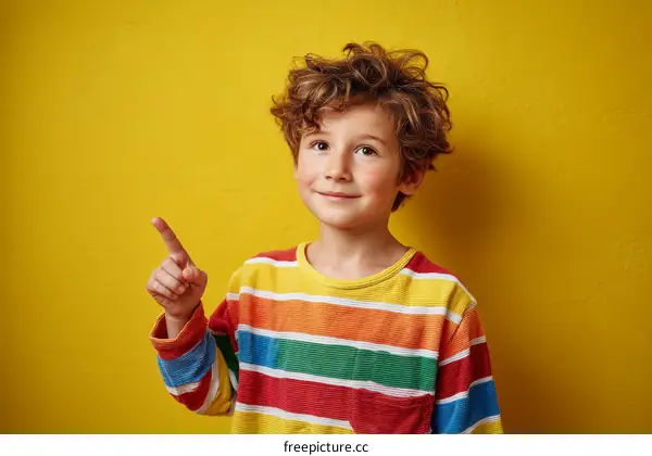 Young boy with curly hair pointing up against yellow background