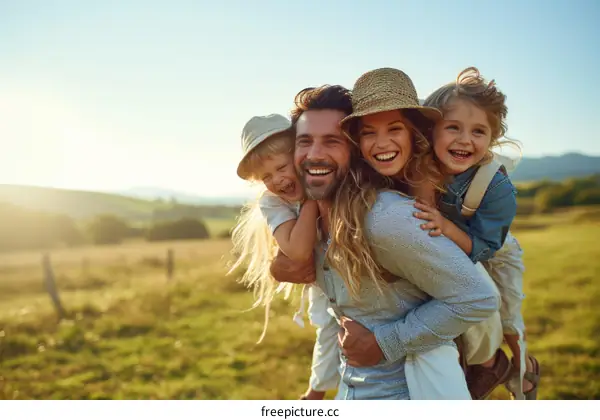 Happy family of four walking in a field of wheat during the summer