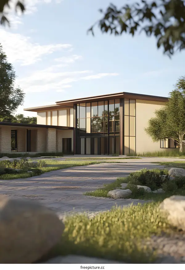 Modern Architecture Building With Large Glass Windows And Green Grass