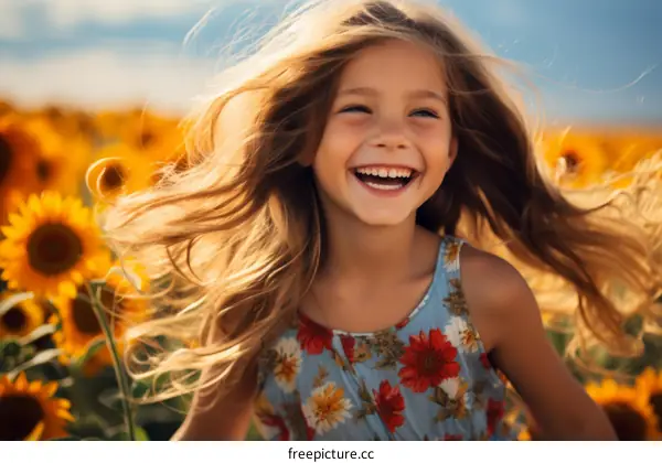 Little girl smiling in a field of sunflowers