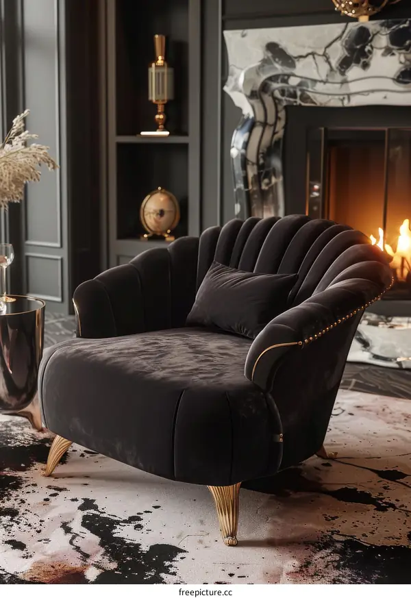 Dark Velvet Armchair in Modern Living Room