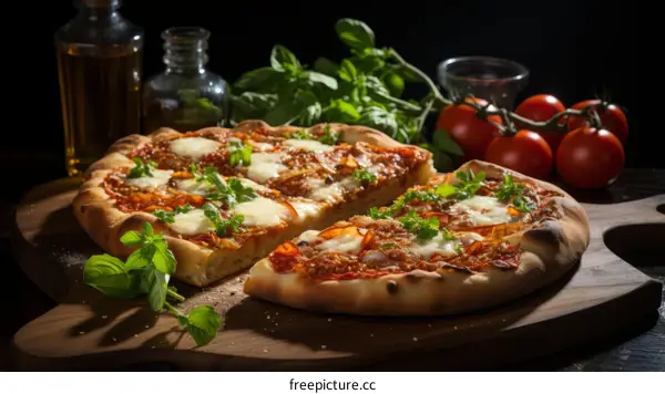 half pizza on a wooden board