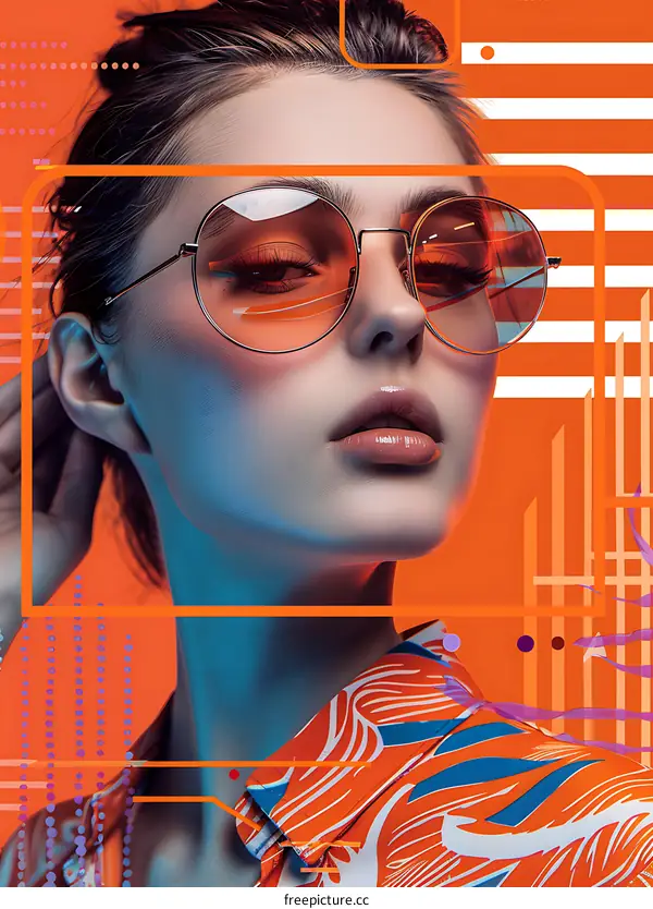 Woman Wearing Orange Sunglasses  With Geometric Shapes