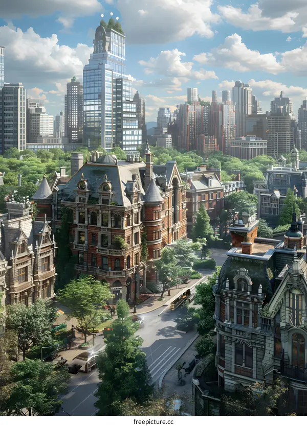 A wide street with many large buildings and trees on either side.