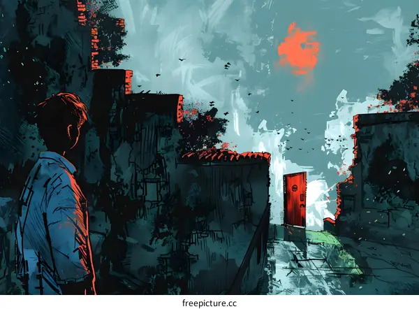 A boy looking at a red door in an alley