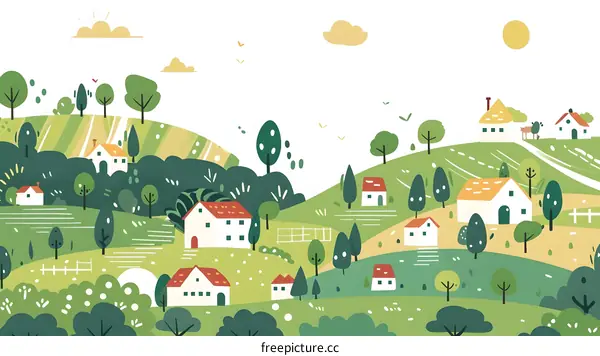 Cartoon Illustration of a Small Village with Houses and Trees