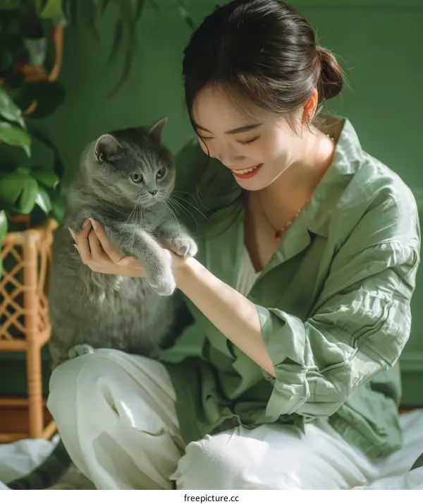 A young woman is sitting on the floor and playing with a gray cat