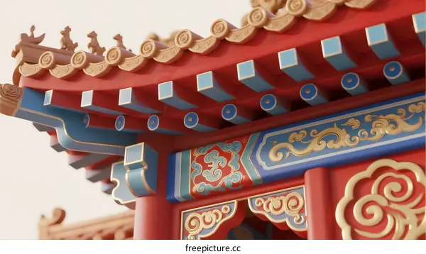 Traditional Chinese Architectural Details on a Decorated Eaves Edge