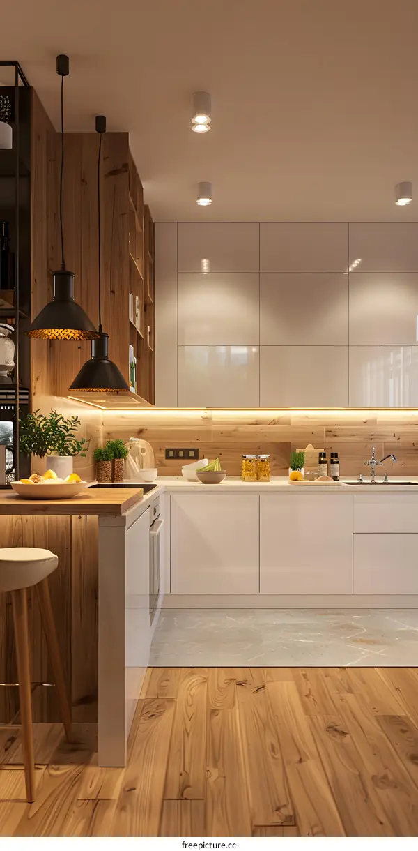 Modern kitchen interior design with wood accents