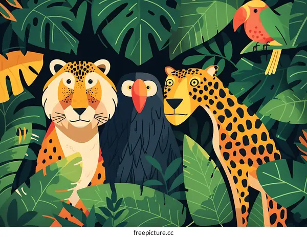 Tropical Jungle Animals Illustration with Leopard, Parrot, and Vulture