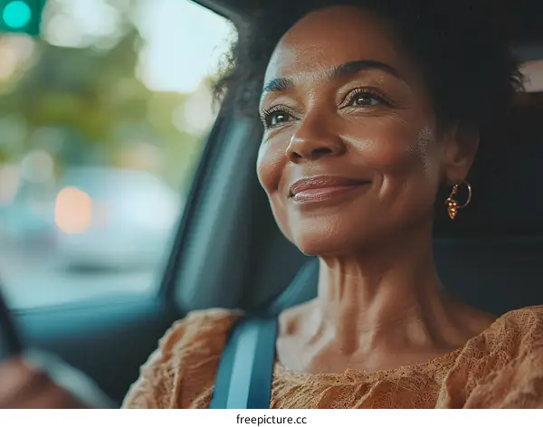 Smiling Woman Driving Car in City